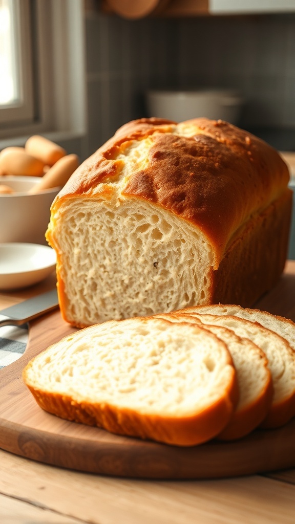 A golden brown loaf of gluten-free bread sliced on a wooden board with a butter knife.